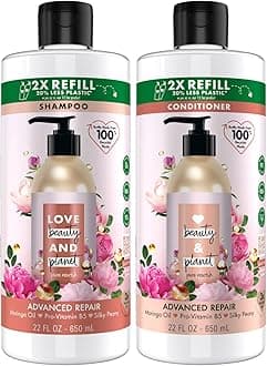 Love Beauty Planet Shampoo and Conditioner, Advanced Repair, Moringa Oil, Pro-Vitamin B5, Peony - Sulfate-Free Shampoo & Conditioner for Damaged, Dry Hair, Scented, Refill, 22 Oz (2 Piece Set)