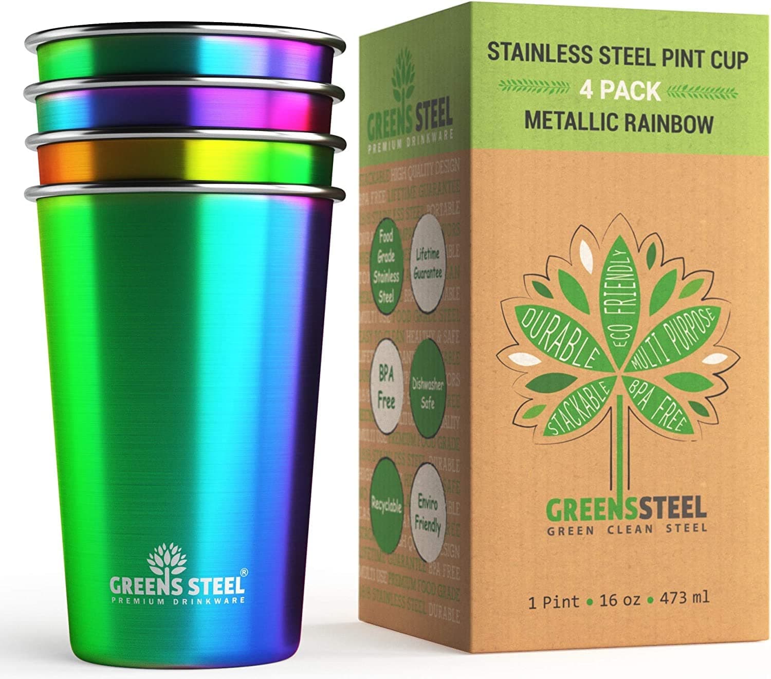 Stainless Steel Cup - Rainbow, 475ml /16oz | Stacking & Reusable Drinking Set | for Office, Home, Travel & Camping | Anti Scratch, Non Slip, Non Fade