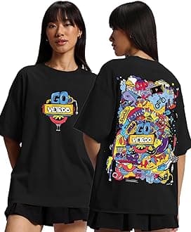 VeirdoPure Cotton Round Neck Oversized Baggy Fit Latest Stylish Front & Back Graphic Printed Half Sleeve Boyfriend T-Shirt for Women (Color Options- Black, Orange, Royal Blue & Lilac)