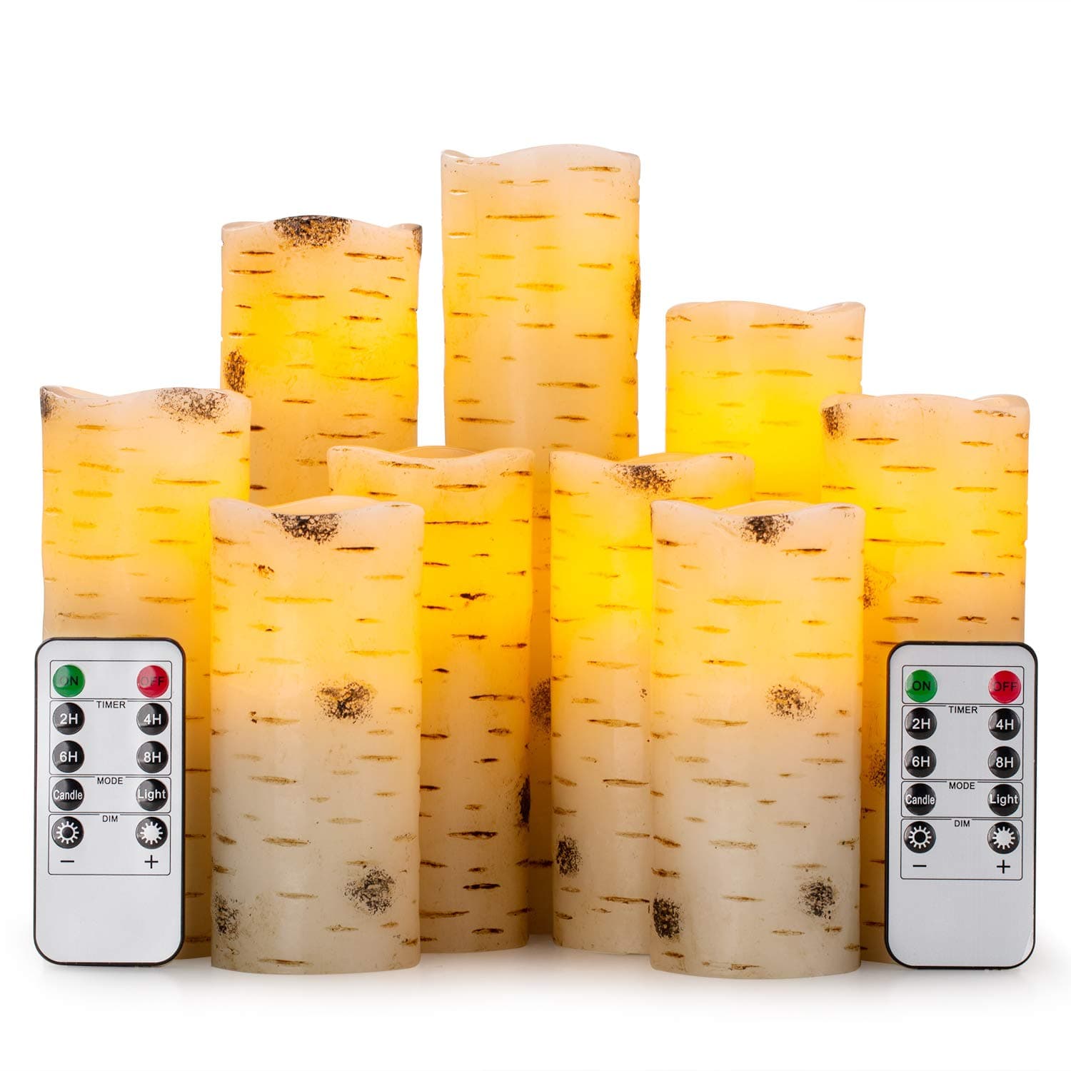 Enpornk Flameless Flickering LED Candles with Birch Bark Effect - Set of 9 Battery-Operated Real Wax Pillar with 10-Key Remote Control - 2/4/6/8 Hour Timer