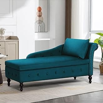 Upholstered Chaise Lounge with Right Armrest & Lumbar Pillow,Button Tufted Lounge Sofa with Storage,Lounge Chair Indoor,Modern Velvet Lounge Chair for Bedroom, Living Room and Office,Teal
