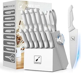 imarku Knives Set for Kitchen, Kitchen Knife Set with Block, Knife Block Set White, Home Essentials, Kitchen Essentials for First Apartment, Anti-slip handle, Dishwasher Safe