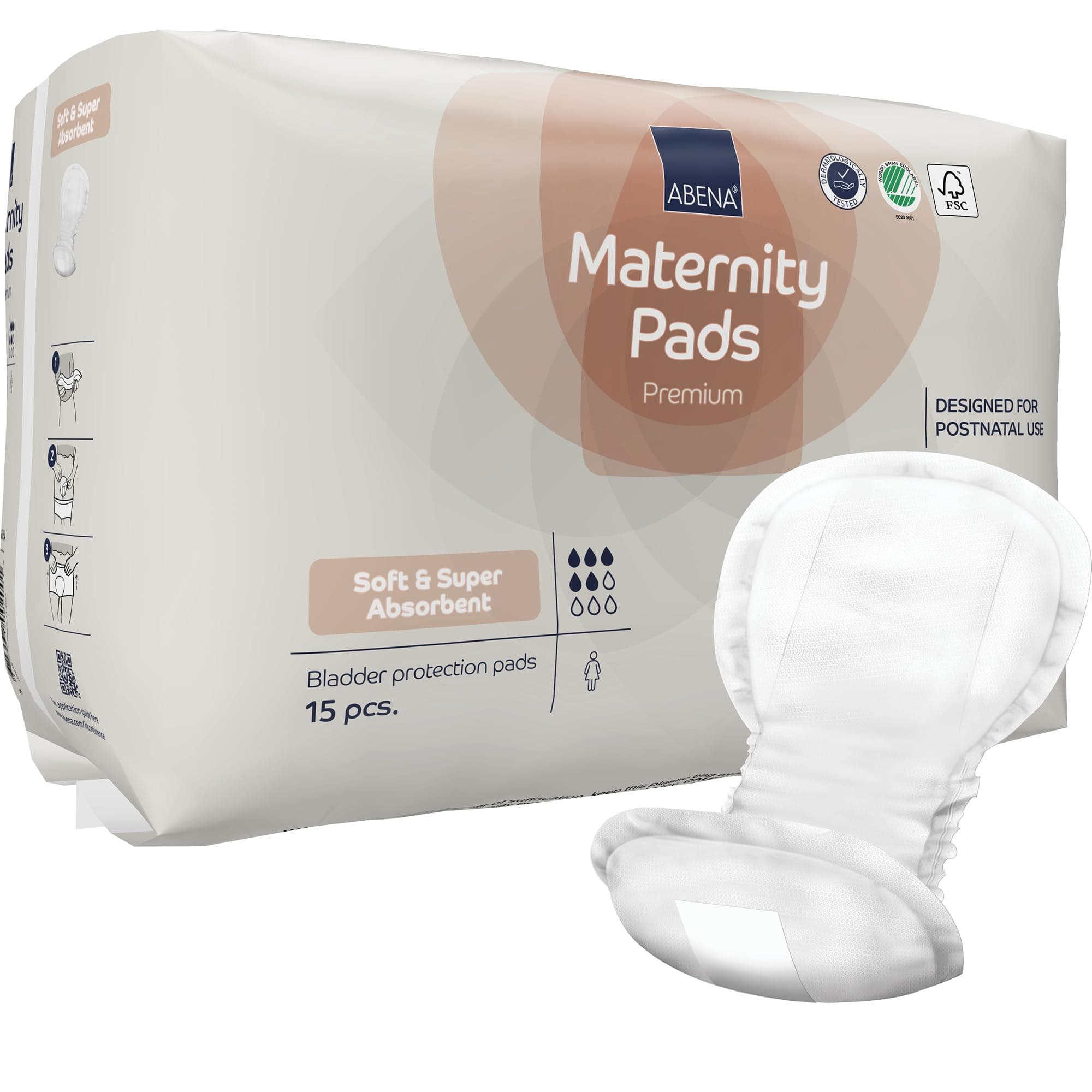 ABENA Premium Maternity Pads, Postpartum Essentials, Eco-Labelled, Extra Protection, After Birth, Breathable and Skin Friendly, Sustainable Incontinence Pads - 15PK