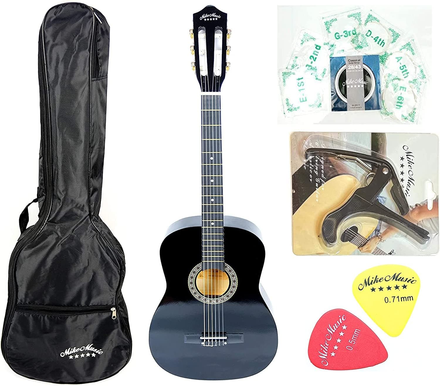 Mike Music 38 inch Nylon-String Classical Guitar with Free Bag/Capo/A Pack of Extra Strings/Picks(C38, Black)