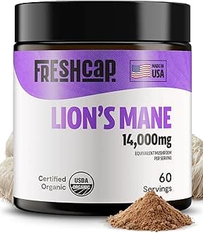 FreshCap Mushrooms Lions Mane Powder Supplement - Organic Brain Supplements for Memory, Focus, Cognition & Mental Clarity - Add to Coffee/Tea/Smoothies - 60 Grams