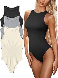 Women’s Sexy Ribbed Bodysuit Tops - 3 Piece Sleeveless Halter Neck Bodysuits with Tummy Control (Color : Black Grey Beige, Size : S)