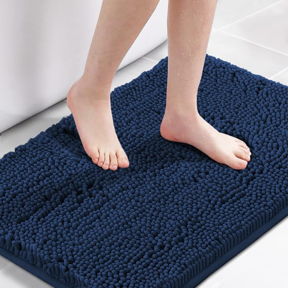 Navy Blue Bath Rug, Bath Mat Non Slip Bath Mats for Bathroom Floor, Bathroom Rug Extra Thick Chenille Rug 17" x 24" Absorbent Soft Shaggy Washable Dry Fast Plush Rugs for Bathtubs