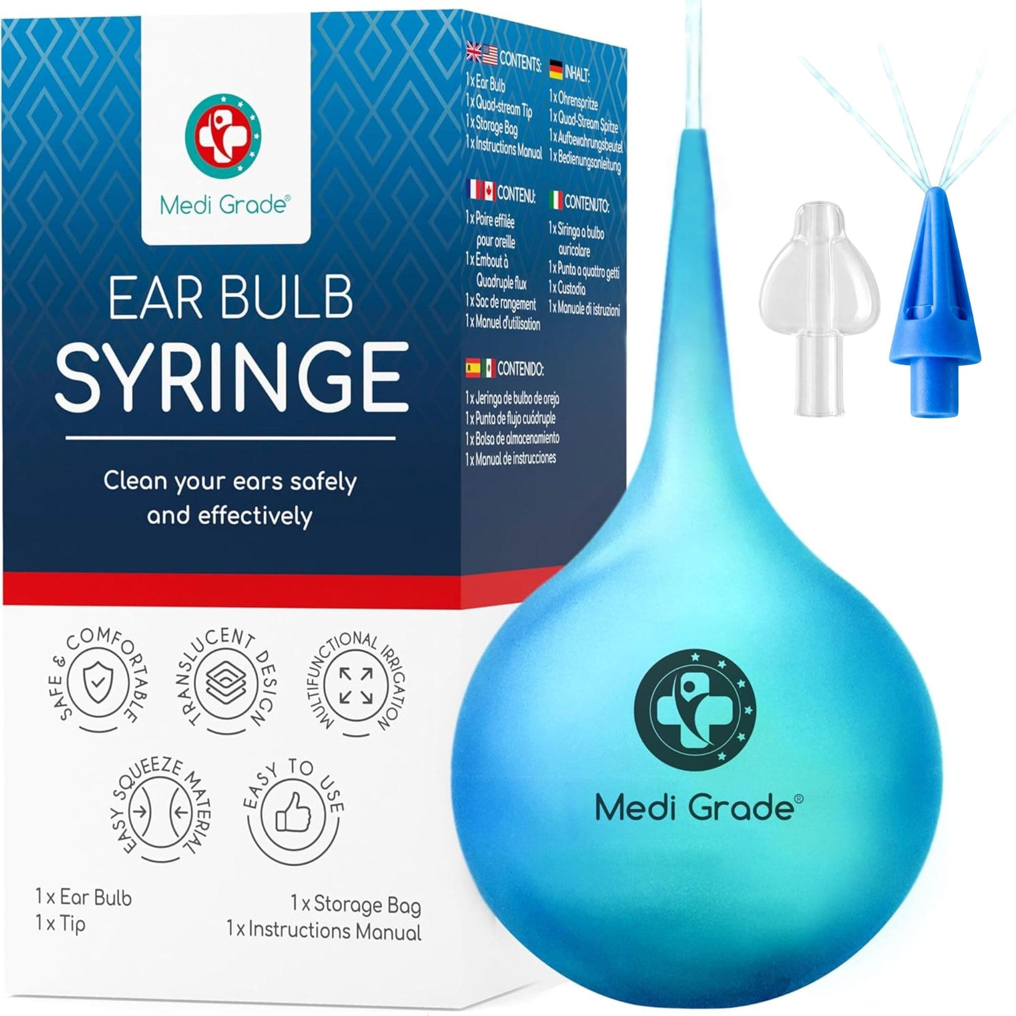 Medi Grade Ear Bulb Syringe Ear Wax Removal Kit, 90 ml - Translucent Bulb Ear Syringe Kit for Removing Ear Wax and Improving Hearing with Ear Cleaner Quad-stream Tip - Ear Wax Remover Ear Cleaning Kit
