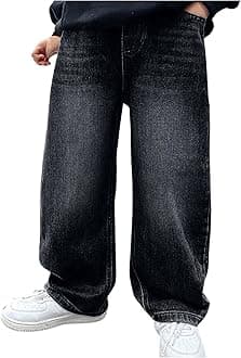 Boys Jeans Baggy Straight Leg Elastic Waist Loose Denim Pants with Pockets