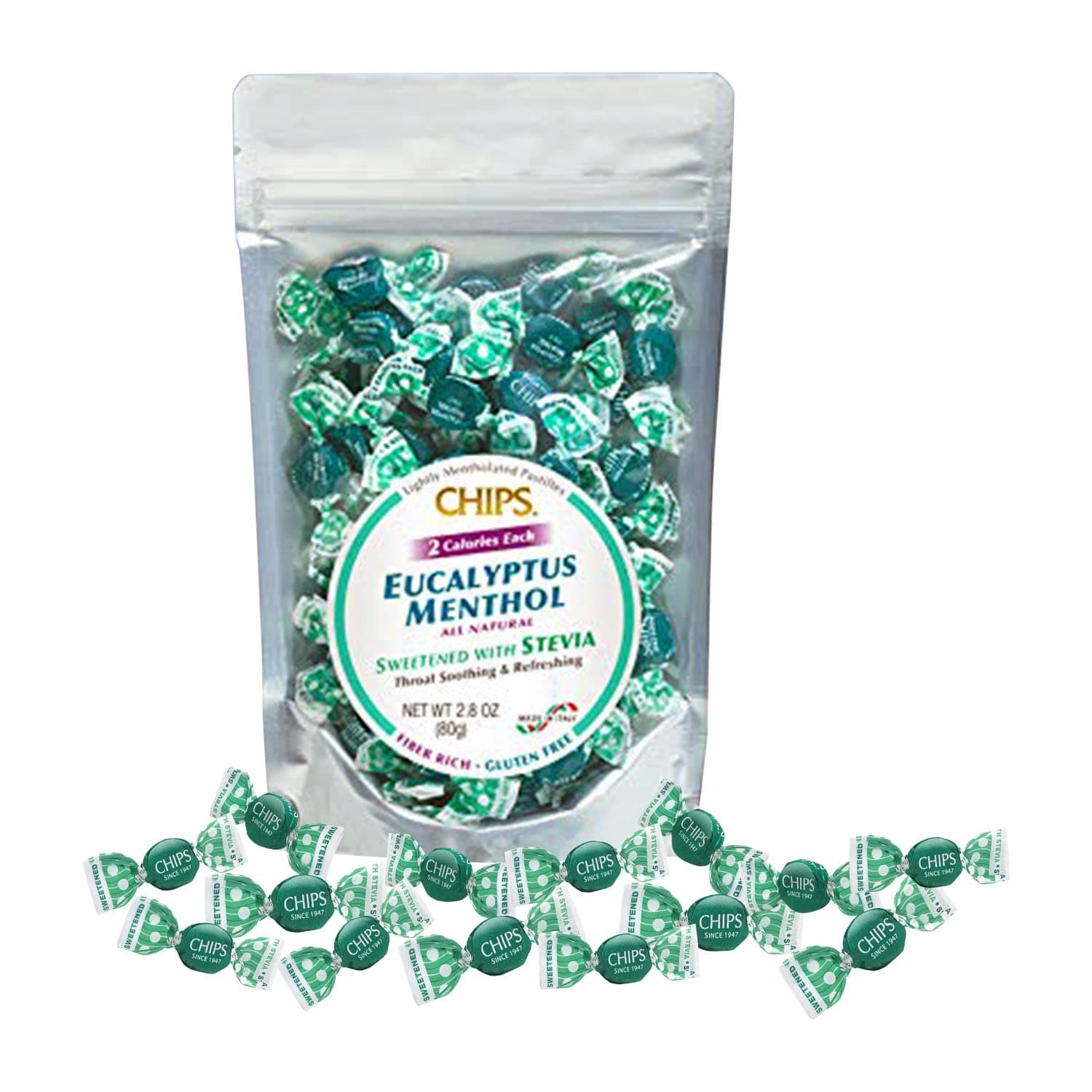 Chips EUCALYPTUS MENTHOL with STEVIA, 65 Ct. “Pocket” Pouch - Classic Italian Pastilles