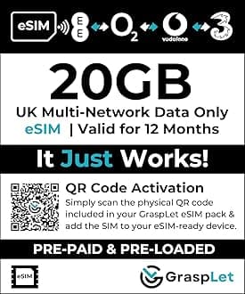 UK Multi-Network Data-Only eSIM | 12-Month Validity | Auto-Connects to Strongest Network: EE, Three, O2, or Vodafone | Compatible with eSIM Devices (20 GB - 12 Months)