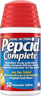 Pepcid Complete Acid Reducer + Antacid Chewables, 10 mg Famotidine, 800 mg Calcium Carbonate & 165 mg Magnesium Hydroxide per Tablet, Antacid Chews for Heartburn, Tropical Fruit, 50 Ct