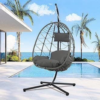 Egg Chair Indoor Outdoor, Foldable Hanging Egg Chair with Stand, Patio Swing Egg Chairs, UV Resistant Removable &Washable Thicken Padded Cushions, 350LBS Capacity for Bedroom, Balcony, Dark Gray