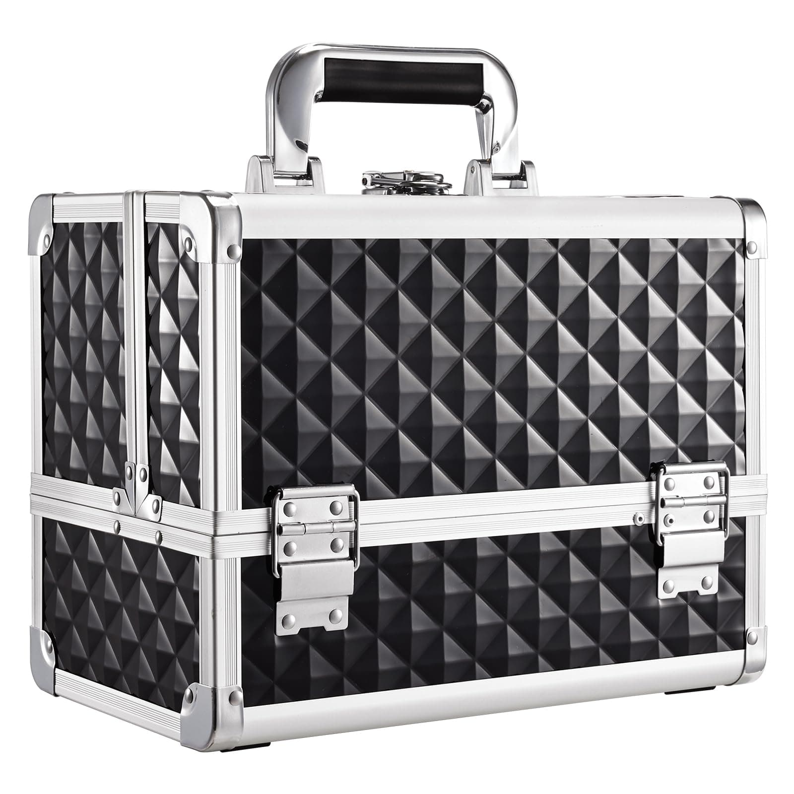 Makeup Box with Mirror 3-Tray 11.6-Inch Makeup Train Case with Brush Holder Lockable Portable Storage Organizer Large Black