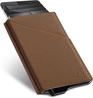 POWR Card Holder Wallet, Vegan Leather Wallets, RFID for Men, Minimalist Credit Holders Pop Up Metal Slim (Brown)