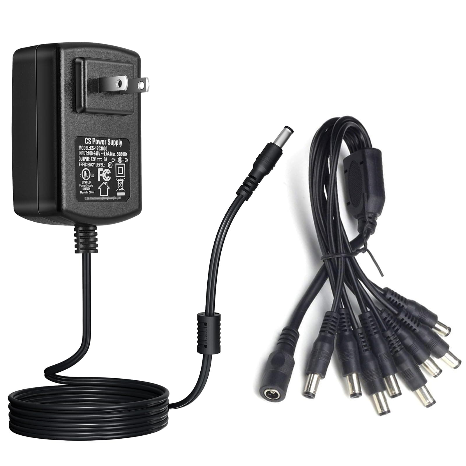 Security-01 AC 100-240V to DC 12V 3A Power Supply Adapter with 8 Way Splitter Cable for CCTV Security Camera DVR NVR Led UL Listed FCC