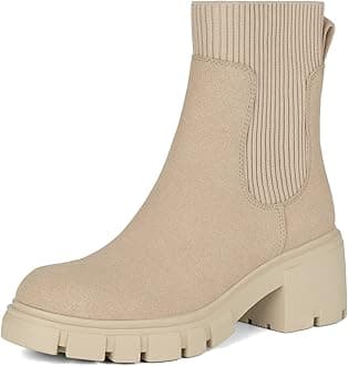 Athlefit Women's Chelsea Boots Fashion Slip on Platform Ankle Boots Lug Sole Chunky Booties