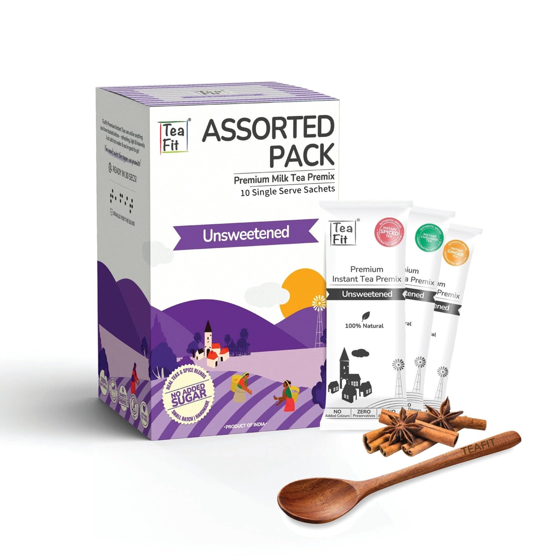 TeaFit Premium Instant Assorted Unsweetened Tea Premix - 10 Single Serve Sachets Ginger-Cardamom-Masala-Lemongrass Tea Premixes Ready Premix No Added Artificial Sugar 1 Count (Pack Of 1)