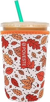 Reusable Neoprene Insulator Sleeve for Iced Coffee & Cold Soda, Coffee Sleeves for Iced & Hot Drinks, Cold Beverage Cooler Compatible with Starbucks, Dunkin (Fall Leave, Medium: 22-24oz)