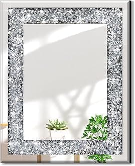 QMDECOR Rectangle Sparkling Decorative Wall Mirror for Home Decoration with Silver Crystal Crush Diamond Décor, Dimention16x20x1 inch, Wall Hang Frameless Mirrors Glass Diamond Décor.