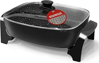 Elite Gourmet EG6203 Extra Deep 16"x13"x3.2" (10.5Qt.) Scratch Resistant, Easy Pour Spout, Dishwasher Safe, Non-stick Electric Skillet with Vented Glass Lid, Adjustable Temperature, Black