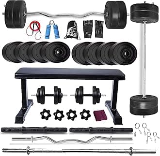 BODYFIT Home Gym Set Combo Kit, Gym Strength Training, (16-100 Kg), 3Ft Curl, 5Ft Plain Rod, Flat Bench-Black, 2X14'' Dumbbell Rods Weight Plates, Fitness Exercise Set. (36 Kg Weight Plates)