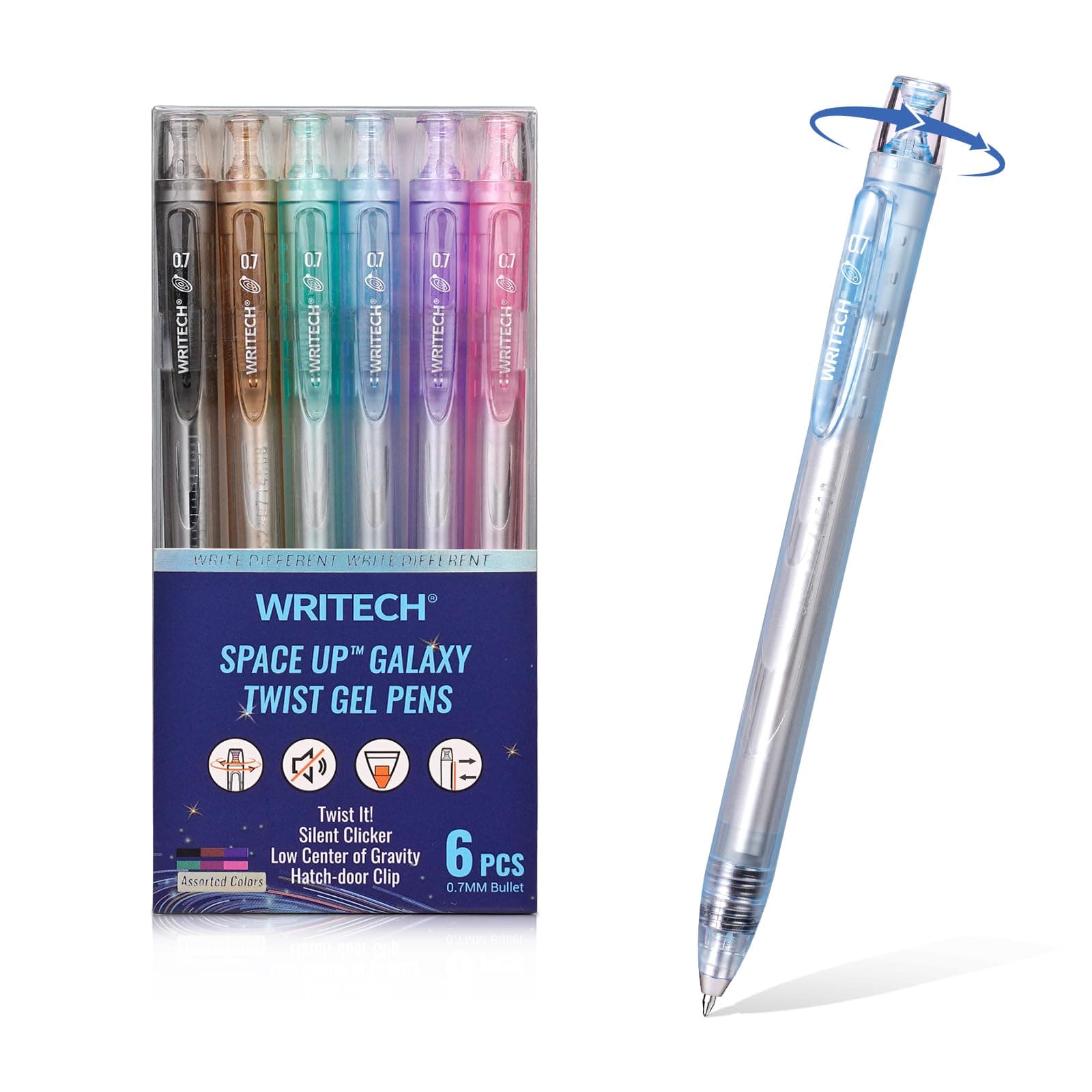 WRITECH Twist Gel Ink Pens: Multicolor Medium Point 0.7mm 6ct Low Center of Gravity Rotatable Pen No Smear Silent Click Space Up Gel Galaxy