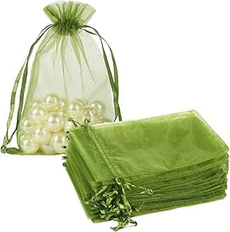 HRX Package 100pcs Organza Drawstring Bags Olive Green, 4 x 6 inch Candy Mesh Gift Bags Jewelry Pouches Small Christmas Sachet