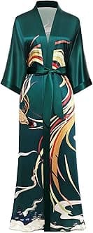Long Kimono Robe Satin Sleepwear Phoenix Handprinted Silky Nightgown Bathrobe Blouse Cardigan for Women