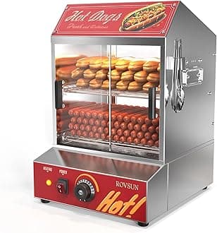 ROVSUN 31.7QT/30L Hot Dog Steamer, 2-Tier Hot Dog Hut Steamer with 175 Hot Dogs & 40 Buns Capacity, Bun Warmer Cooker with Removable Shelves Food Clip for Party Event Concession Stand