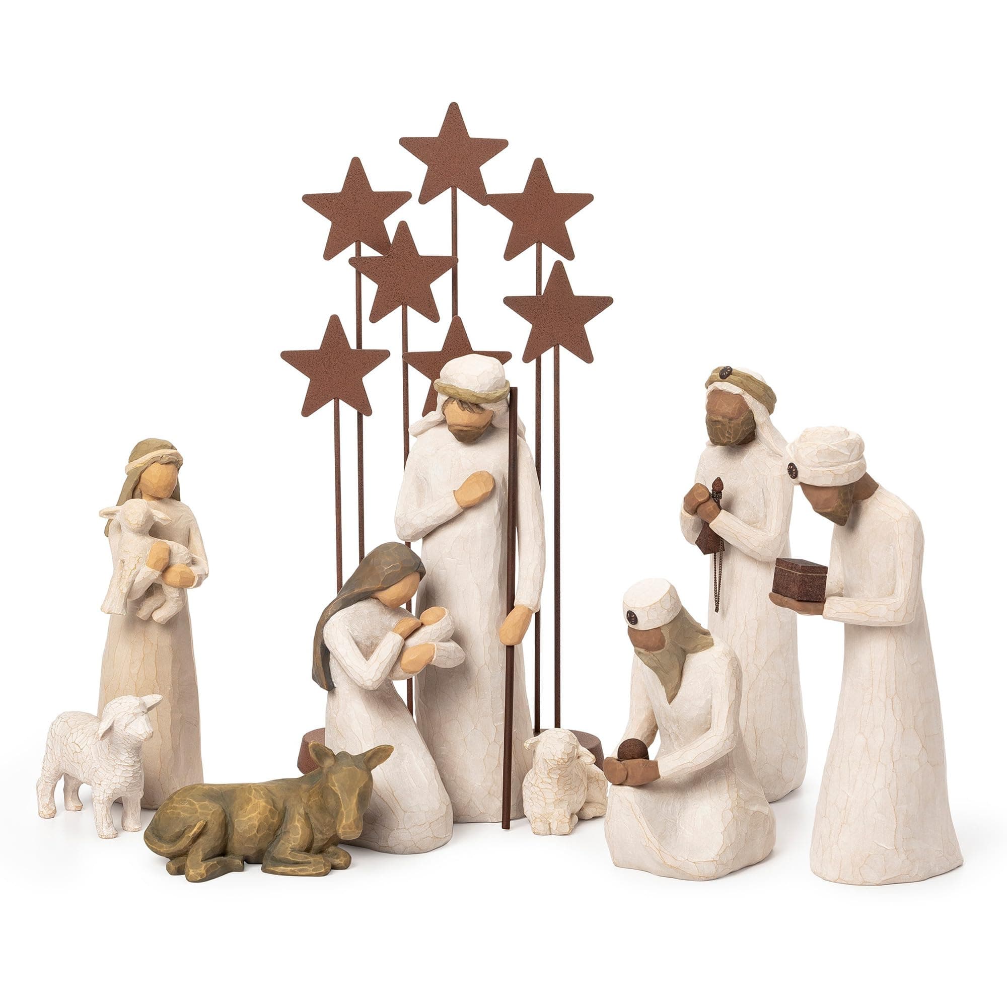 Nativity Starter Figures with The Three Wisemen Plus Metal Stars, 10-Piece Set