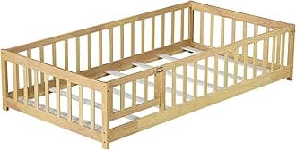 Twin Floor Bed with Slats and Door, Twin Size Montessori Floor Bed with Fence