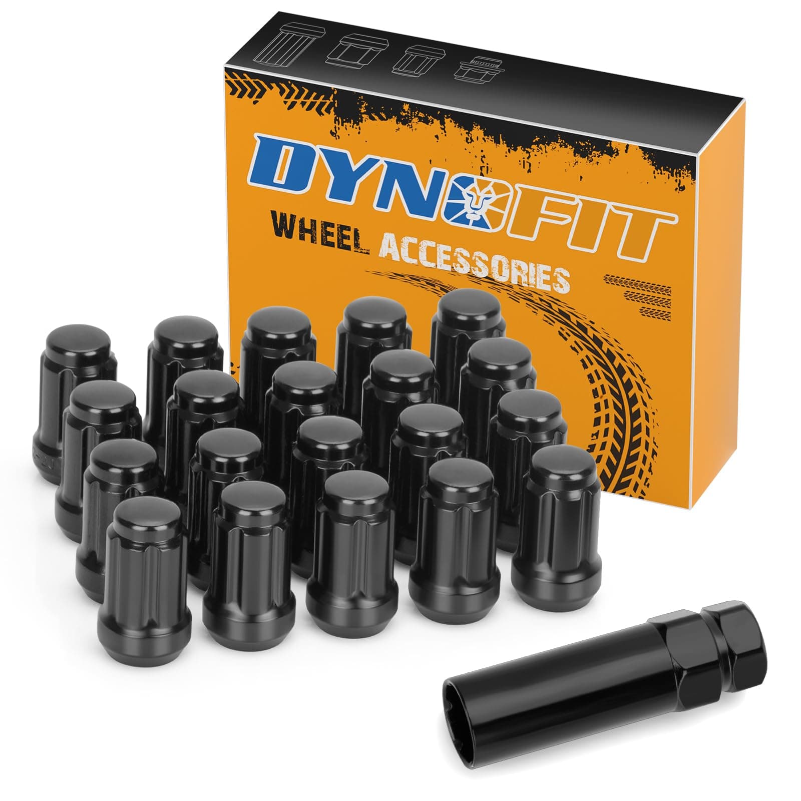 dynofit 1/2x20 Wheel Lug Nuts, 20 x Black Chrome 1/2''-20 Aftermarket Lug nut with 1 Key, 60 Degree Conical/Cone Bulge Seat, 6 Spline Lugnuts 1.38" Tall 3/4" Hex for 5 Lug Tuner Rims Trailer