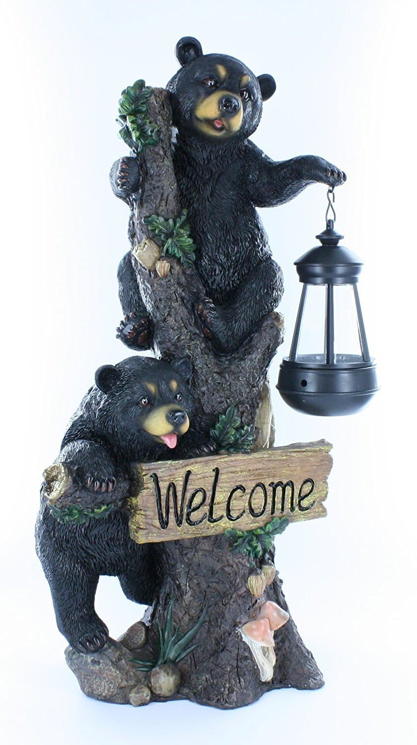 Large Black Bears Welcome Sign / Statue with Solar LED Lantern - Bear Cub Decor