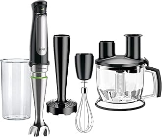 4-in-1 Immersion Hand Blender, Powerful 500W Stainless Steel Stick Blender, Variable Speed + 6-Cup Food Processor, Whisk, Beaker, Masher, Finer Blending, MultiQuick MQ7077
