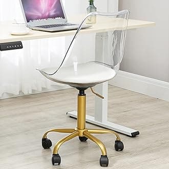 HOMEFUN Clear Desk Chair with Cushion, Armless Acrylic Rolling Chair with Golden Feet Swivel Height Adjustable Ghost Chair Molded Plastic Home Office Chair with Wheels