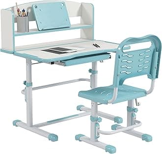 ZONEKIZ Kids Desk and Chair Set, Height Adjustable Children School Study Table with Drawer, Bookshelf, Adjustable Angle Tabletop, Non-slip Mat, for Ages 6-12 Years - Blue
