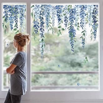 decalmile Blue Flower Double Sided Window Clings Hanging Vine Floral Leaf Window Decals Anti-Collision Glass Doors Window Stickers Gift for Mom