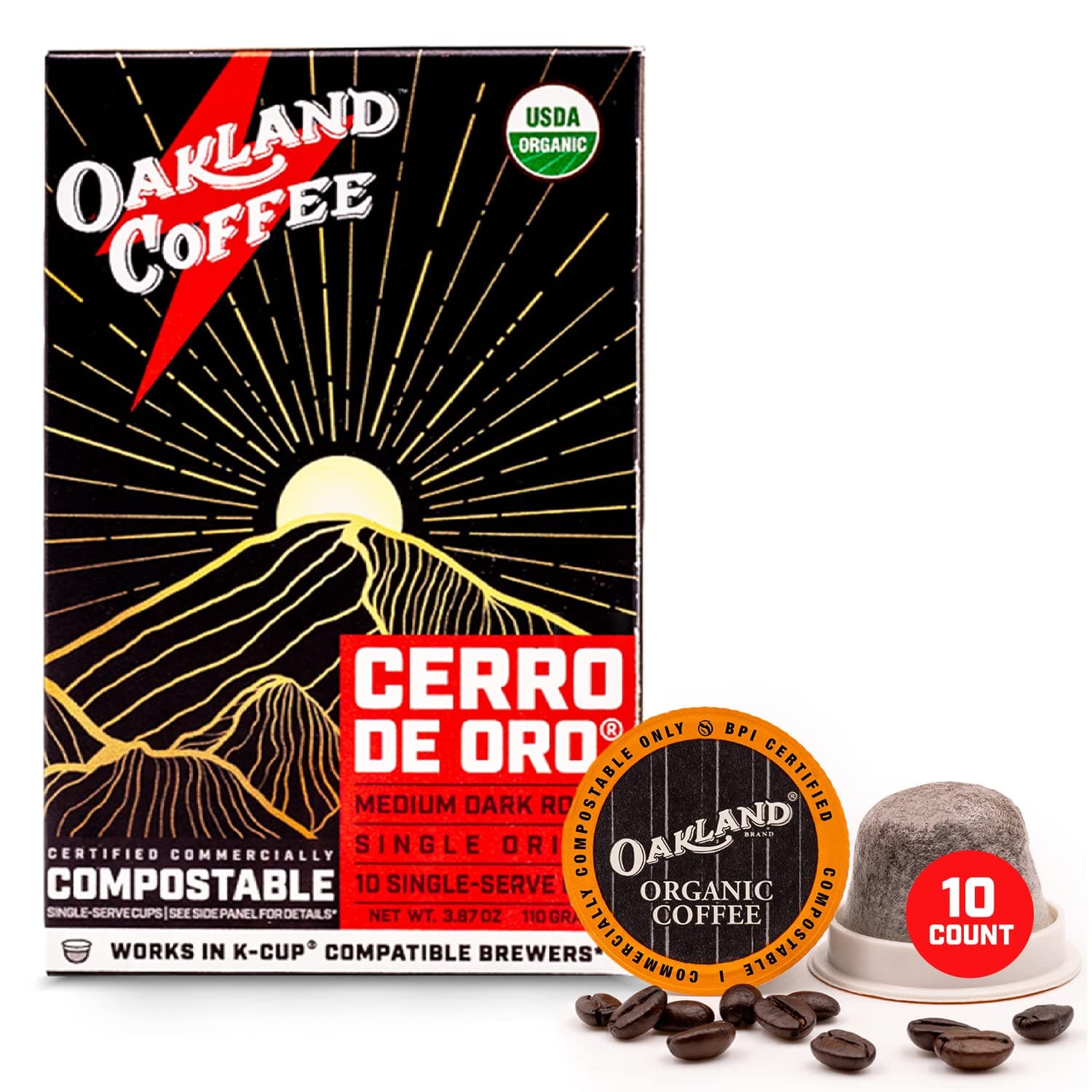 Oakland Coffee Cerro De Oro Single Origin - 10 Count Organic Coffee Pods, Medium Dark Roast, Never Bitter, Slow Roasted, Smooth & Interesting Flavor, Single Serve Individual Compostable Coffee Pods