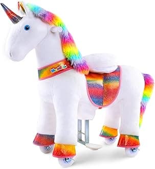Ride on Unicorn Horse Riding Pony Cycle Toys with Rainbow Glowing Wheels Size 4 for Age 4-9, 36 inch Height Riding Horse Unicorn Plush Giddy up Mechanical Toy for Child Boys Girls M432