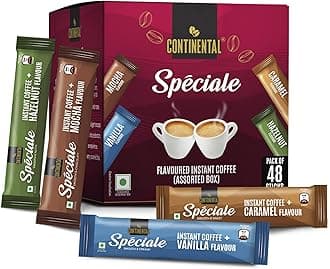 Continental Speciale Assorted Coffee Sachets - 96gm | Pack of 48 | Flavour Instant Coffee Powder | 2g Each - Hazelnut, Vanilla, Mocha, Caramel | Makes 48 Cups | Enjoy Hot or Cold