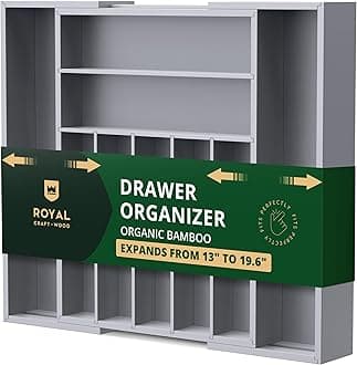 Bamboo Kitchen Drawer Organizer - Expandable Silverware Organizer/Utensil Holder and Cutlery Tray with Grooved Drawer Dividers for Flatware and Kitchen Utensils (9 Slots, Gray)