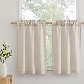 Cafe Curtains 24 inches Length, Linen Sheer Short Curtains for Small Window, Half Privacy Light Filetring Window Tier Valance for Kitchen Bathroom, W 26 x L 24, Beige, 2 Panels Set