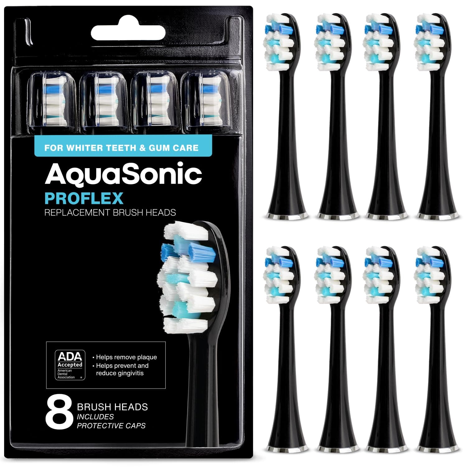 Genuine Proflex Replacement Brush Heads | ADA Accepted | for Whiter Teeth & Gum Care | Compatible with Many AquaSonic Toothbrush Handles (8 Pack Black)