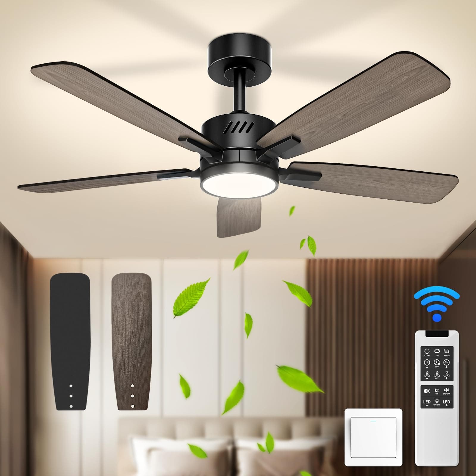 Ceiling Fans with Lights,42 inch Ceiling Fan with Light and Remote,Adjustable Color Temperature,Dimmable 6-speeds Noiseless Revisible DC Motor for Bedroom, Kitchen, Living Room