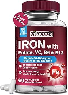 Iron Supplement for Women & Men, Iron Bisglycinate with Vitamin C, B6, B12, Folate, Stomach Friendly, Non-Constipating, Blood Health & Energy Boost, 60 Vegan Caps