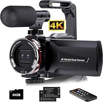 4K Video Camera Camcorder, 64MP UHD Vlogging Dual Camera for YouTube, 21X Digital Zoom IPS Screen Vlog Camera with External Microphone, Stabilizer, Remote, 2 Batteries