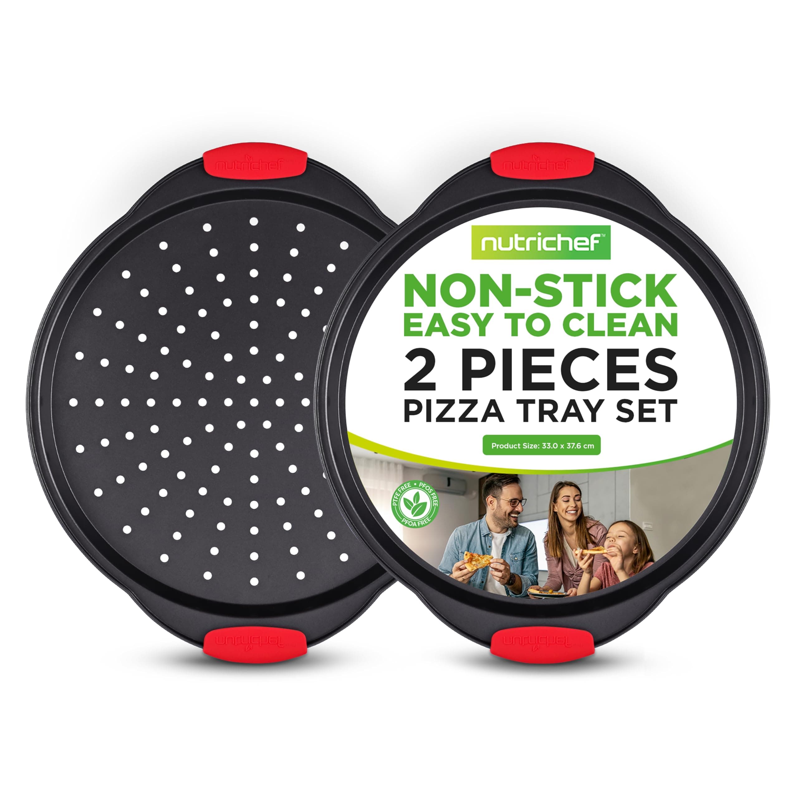 NutriChef 2-Pc. Non Stick Pizza Tray - with Silicone Handle, Round Steel Non-Stick Pan with Perforated Holes, Dishwasher Safe, Pizza Tray with Silicone and Oversized Handle, PFOA, PFOS, PTFE Free