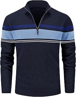 MAGCOMSEN Men's Winter Sweaters 1/4 Zip Up Casual Striped Pullover Polo Sweatshirts, Navy Lack Blue, XL