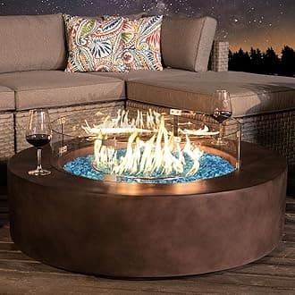 COSIEST Outdoor Propane Fire Pit Coffee Table w Dark Bronze 40.5-inch Round Base Patio Heater, Certified, 50,000 BTU Stainless Steel Burner, Wind Guard, Aqua Blue Fire Glass, Waterproof Cover